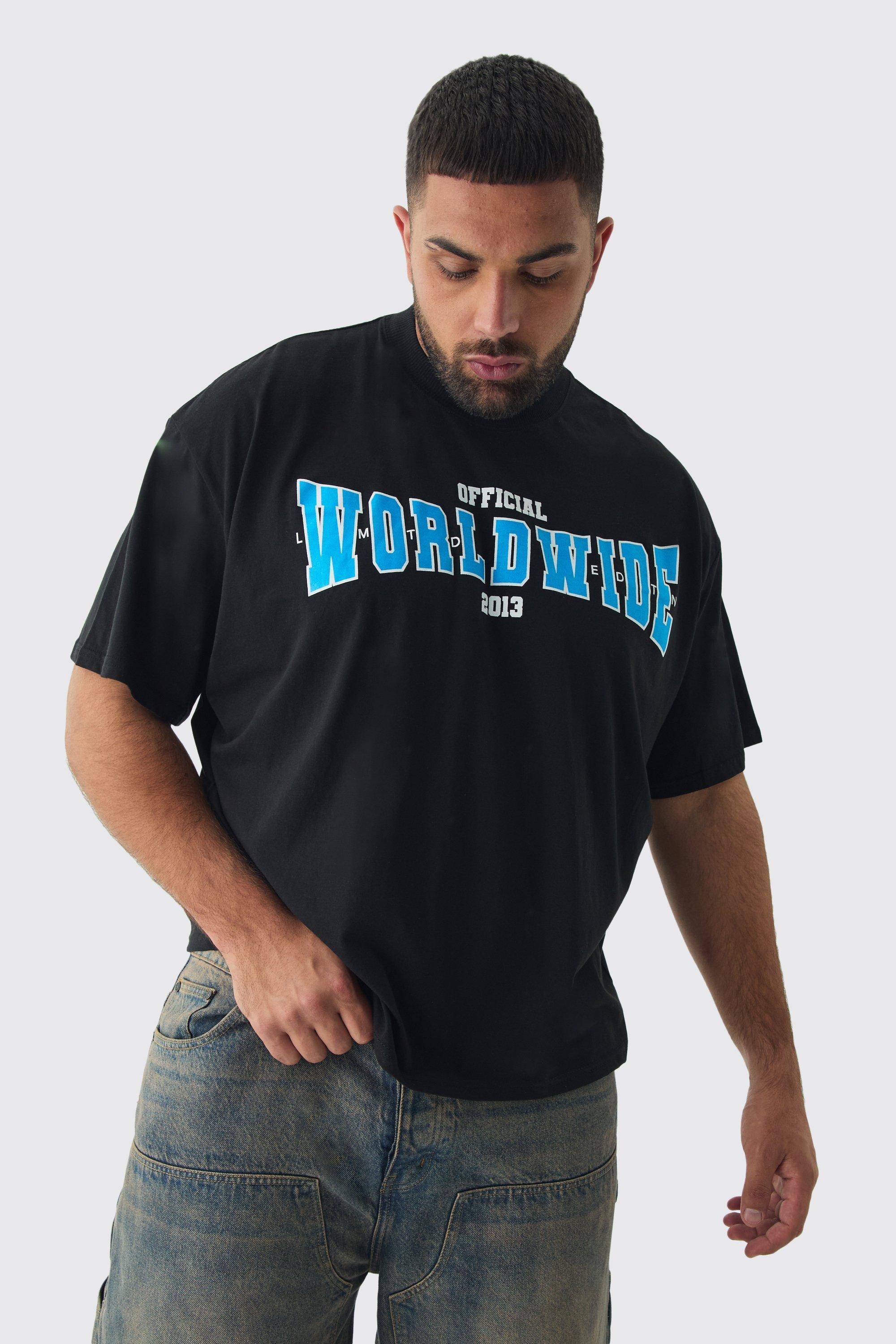 Plus Oversized Extended Neck Boxy Worldwide Print T-Shirt | boohooMAN USA Product Image