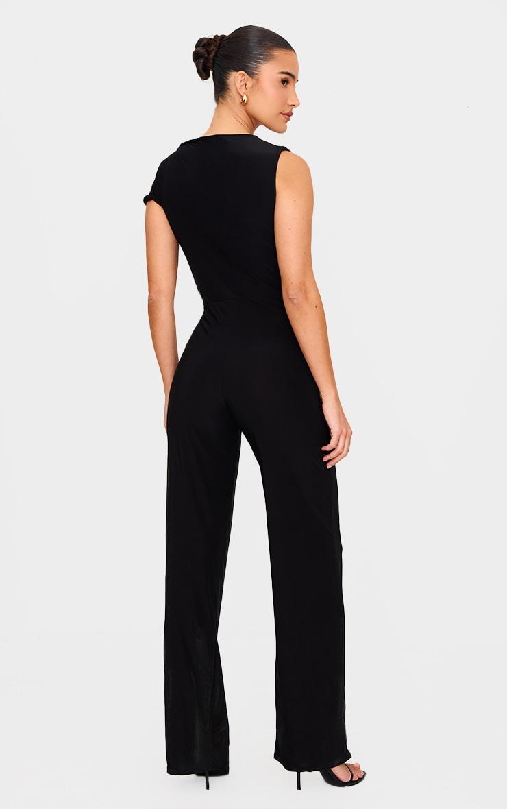 Black Slinky Twist Shoulder Wide Leg Jumpsuit Product Image