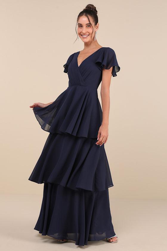 Sincerely Exquisite Navy Blue Short Sleeve Tiered Maxi Dress product image