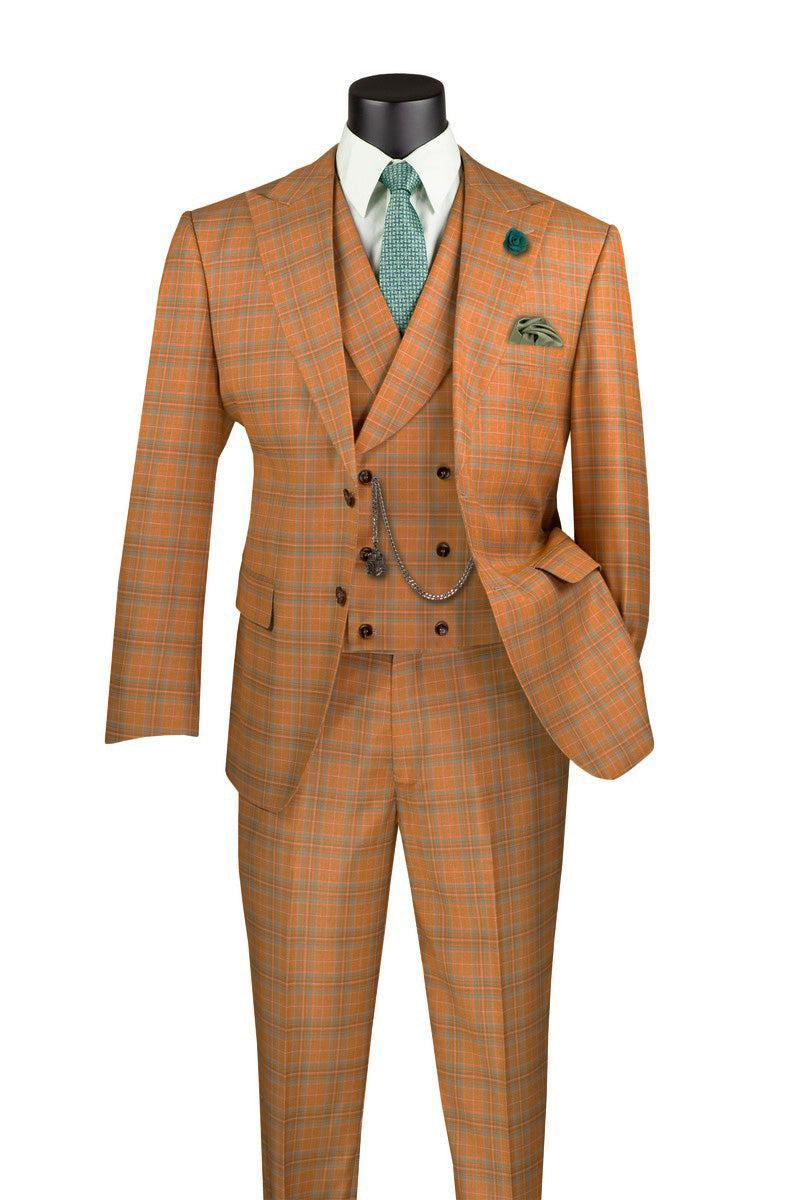 Orange Modern Fit Windowpane Peak Lapel 3 Piece Suit Product Image