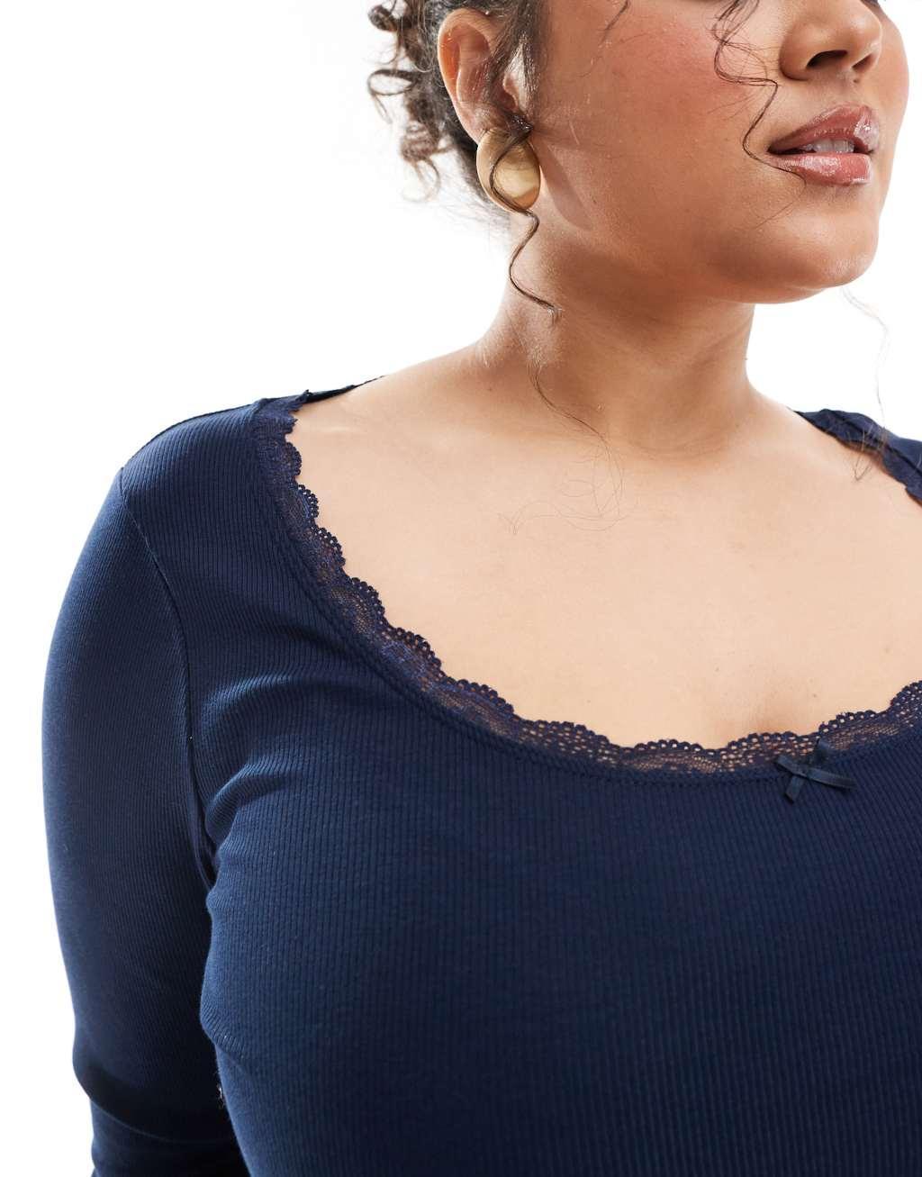 ASOS DESIGN Curve scoop neck lace detail long sleeve t-shirt in navy Product Image