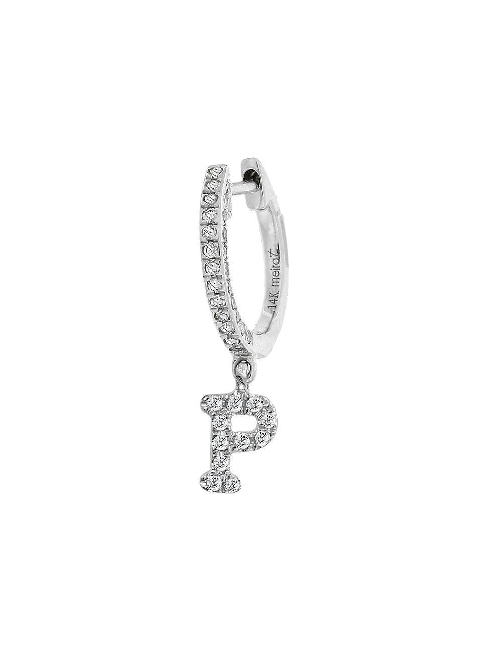 Womens 14K White Gold Diamond Intial Single Huggie Hoop Earring Product Image