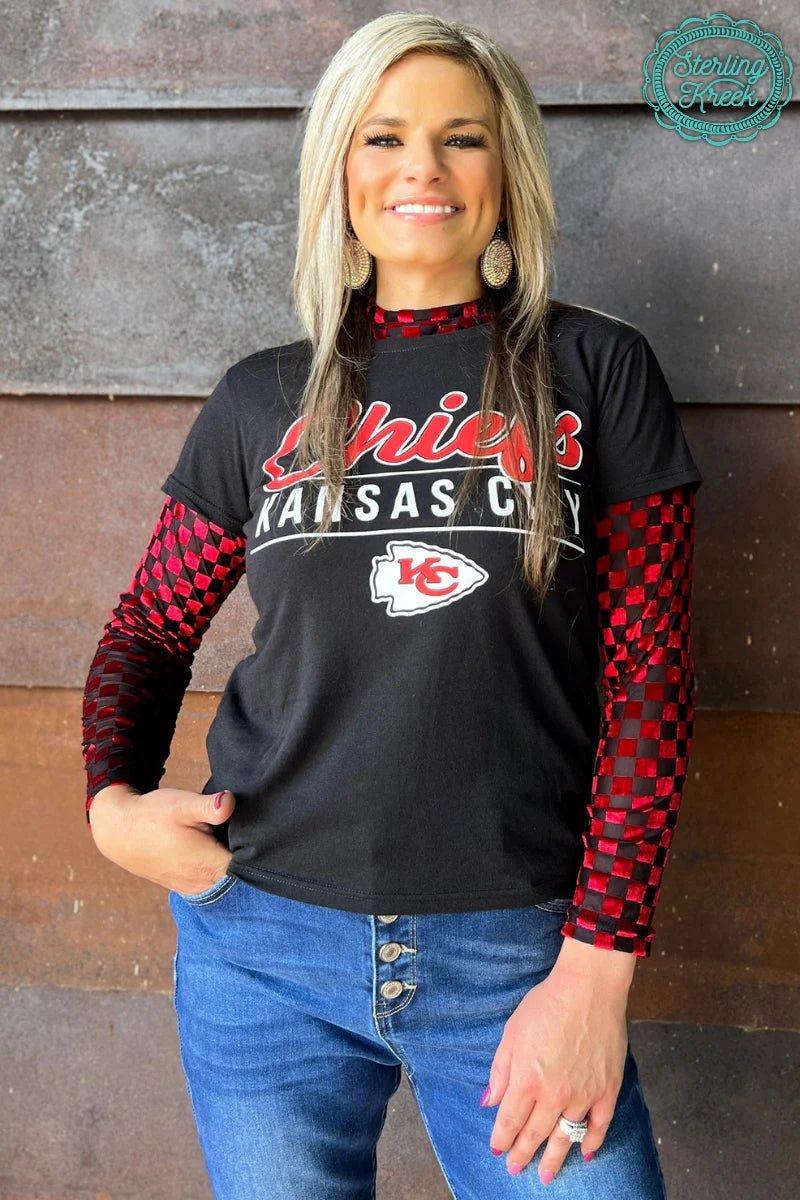 Sterling Kreek Red & Black Velvet Mesh Pep Rally Top Product Image