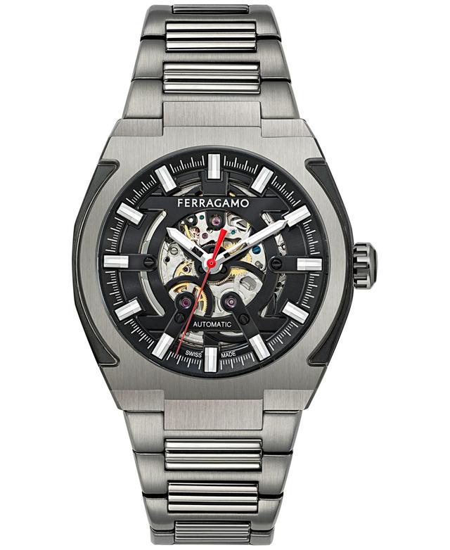 Ferragamo Mens Swiss Automatic Supreme Skeleton Gunmetal Ion Plated Stainless Steel Bracelet Watch 43mm - Gun Product Image