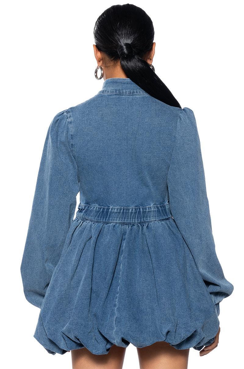 PASS THE BUBBLY DENIM MINI DRESS Product Image