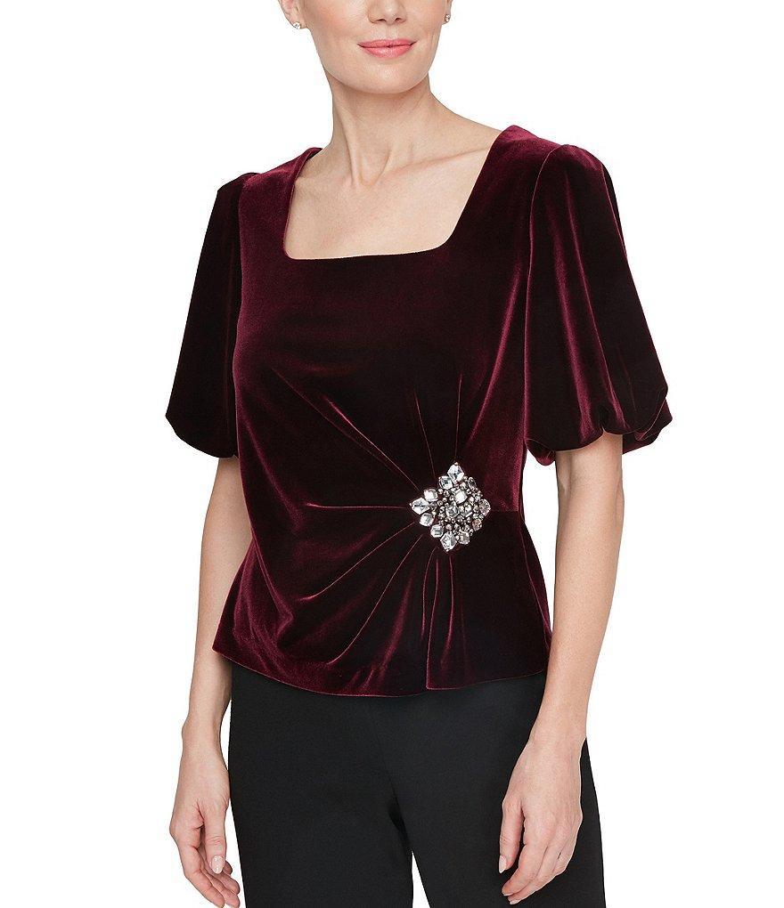 Alex Evenings Petite Size Square Neck Short Puff Sleeve Embellished Waist Stretch Velvet Top Product Image