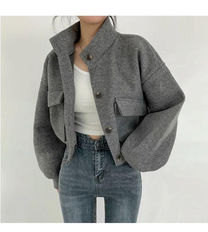 Stand Collar Plain Button-Up Crop Jacket Product Image