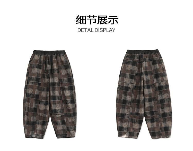 Drawstring Waist Plaid Fleece-Lined Barrel Leg Pants Product Image