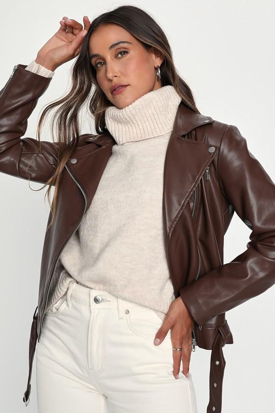 Brave Behavior Brown Vegan Leather Oversized Moto Jacket Product Image