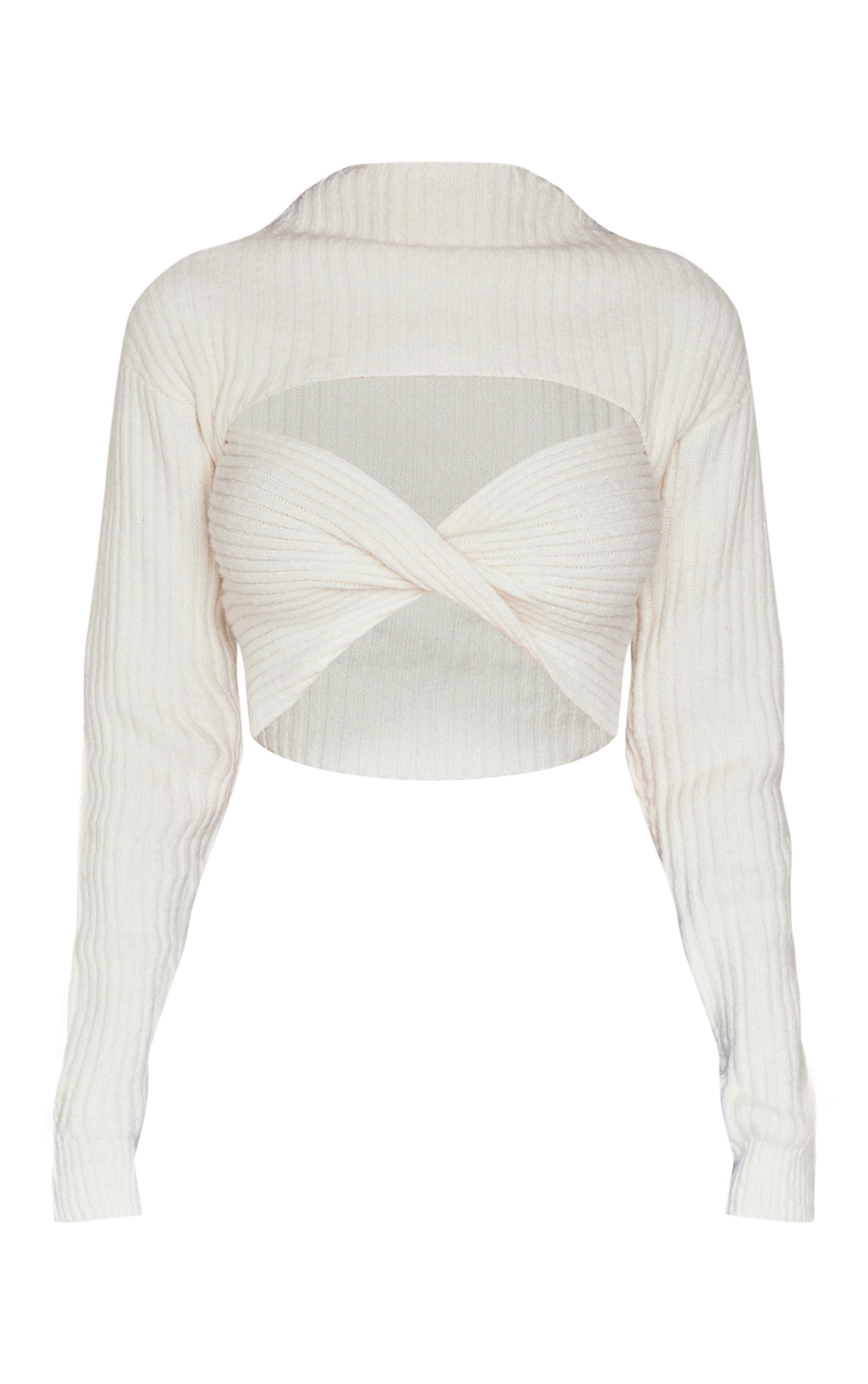 Cream Ribbed Twist Front Cut Out Sweater Product Image