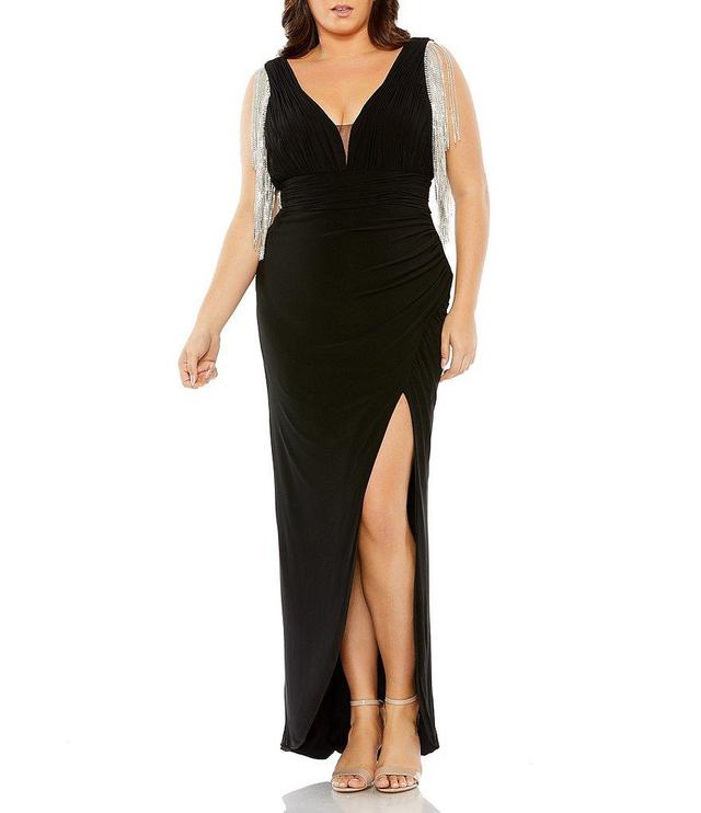 Mac Duggal Plus Size Sleeveless V-Neck Leg Slit Fringe Detail Chiffon Gown Product Image