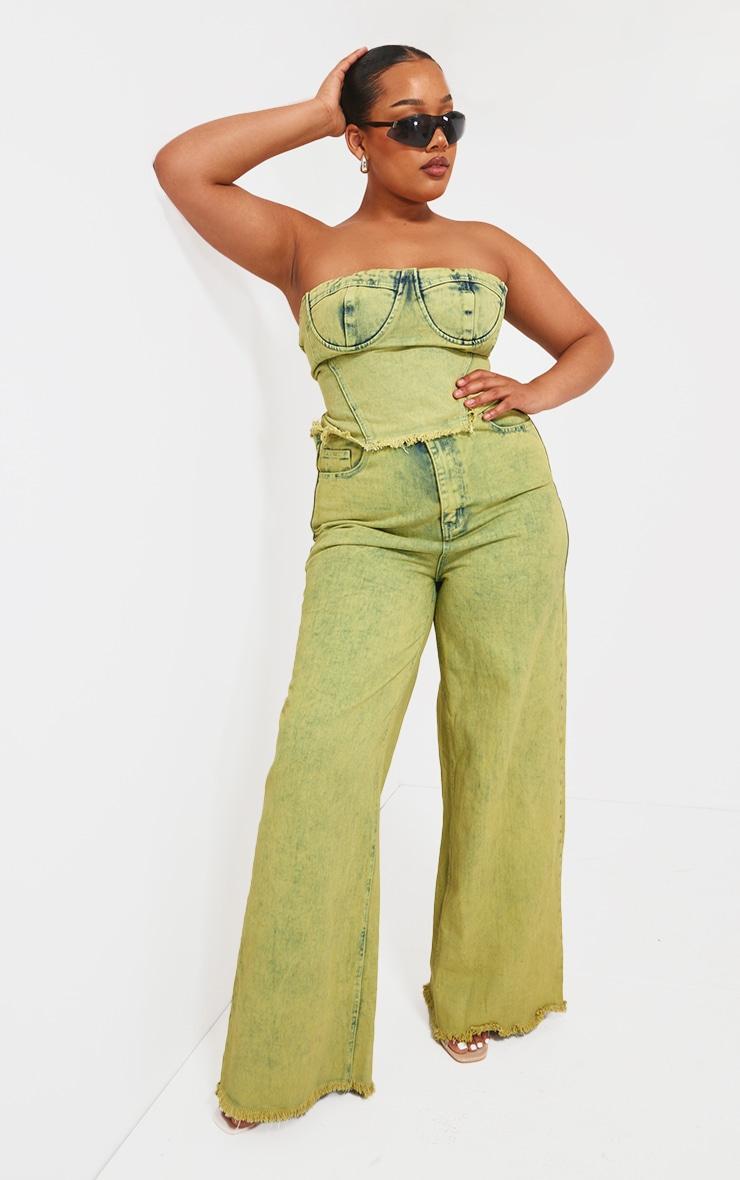 Plus Green Tint Acid Wash Raw Hem Wide Leg Jeans product image