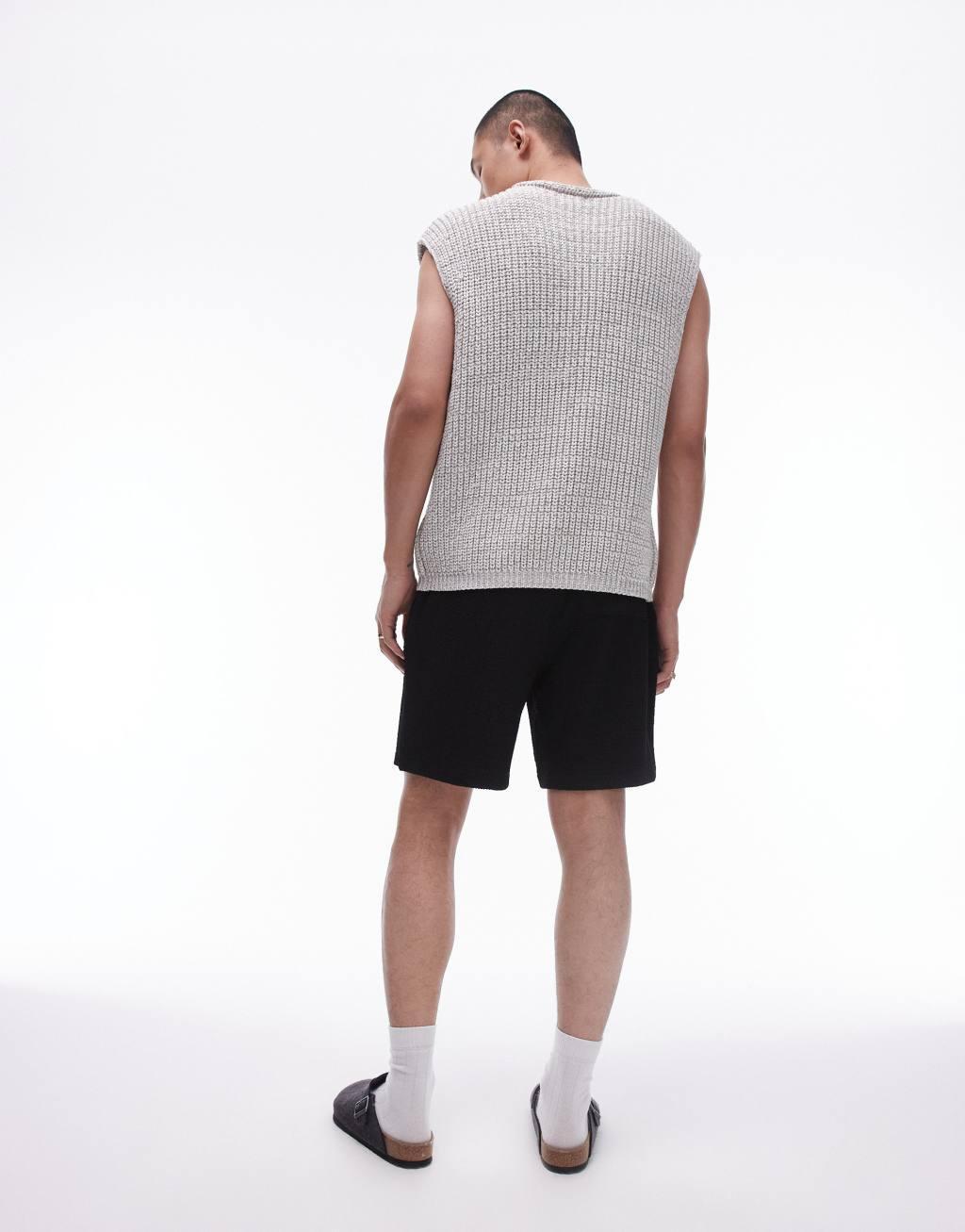 Topman oversized fit jersey shorts with crinkle plisse texture in black Product Image