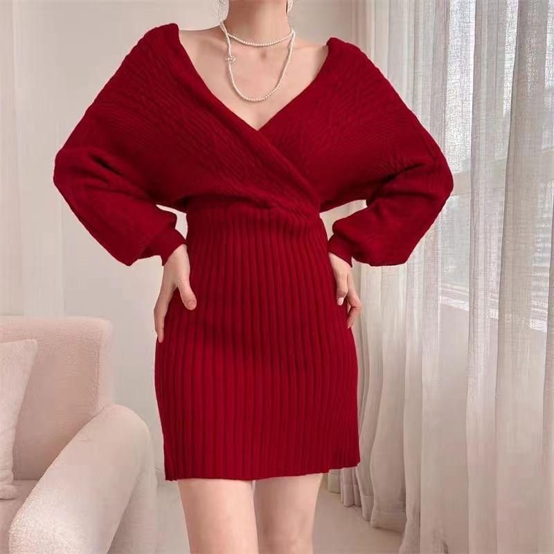 Long-Sleeve V-Neck Plain Wrap Cable Knit Mini Sweater Dress Product Image