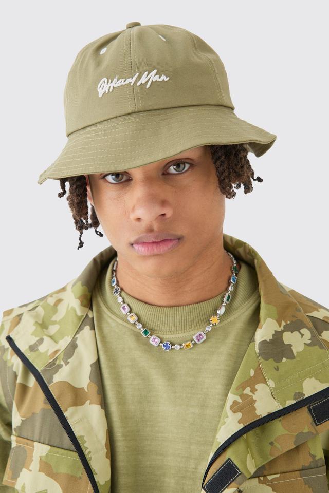 Official Man Embroidered Bucket Hat In Khaki | boohooMAN USA Product Image