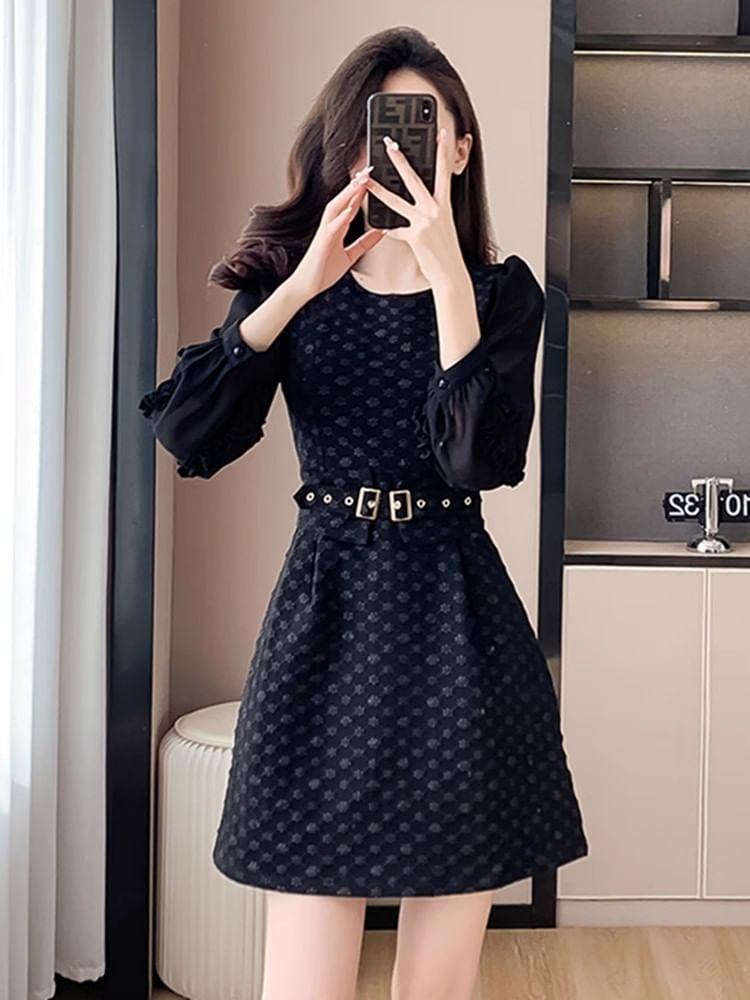 Long-Sleeve Round Neck Floral Mini A-Line Dress Product Image