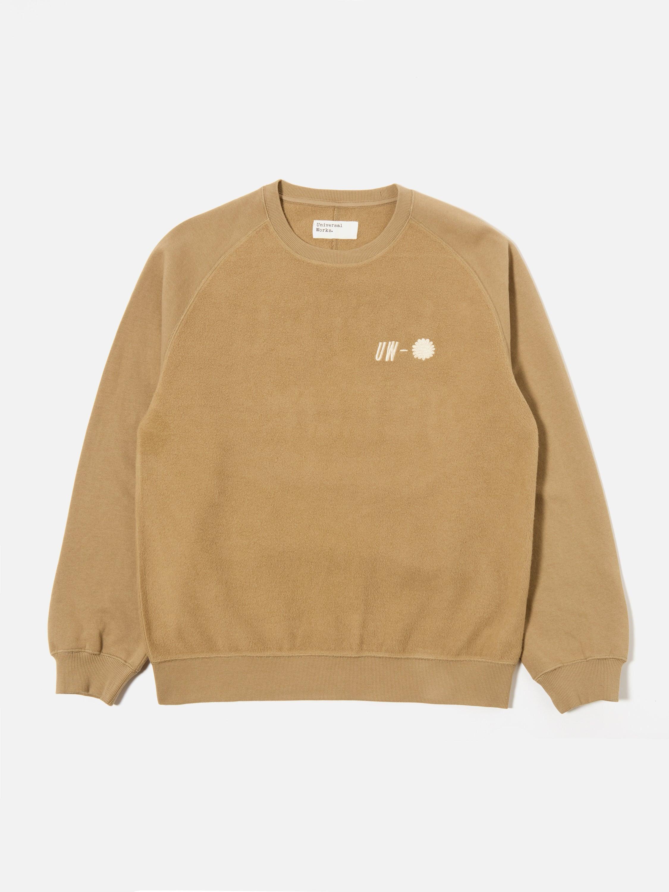 Universal Works Crew Sweat in Sand 'Hotel Deluxe' Embroidered Brush Back Product Image