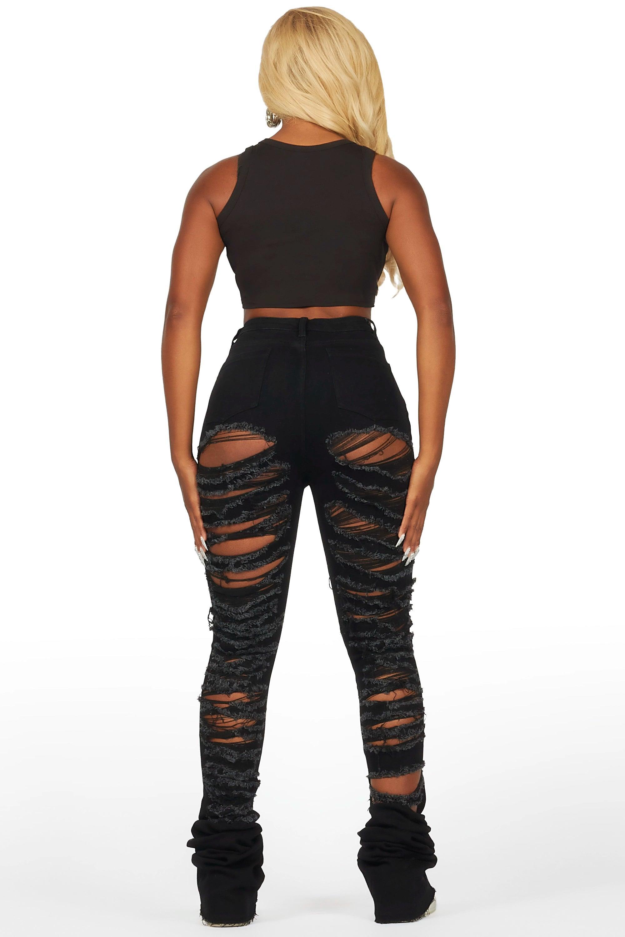 Capria Black Ultra Distressed Super Stacked Jean Female Product Image