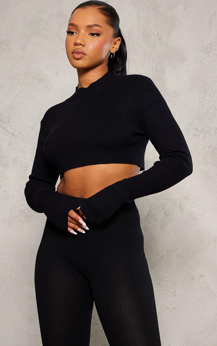 Black Knitted Cropped Crew Neck Sweater Product Image