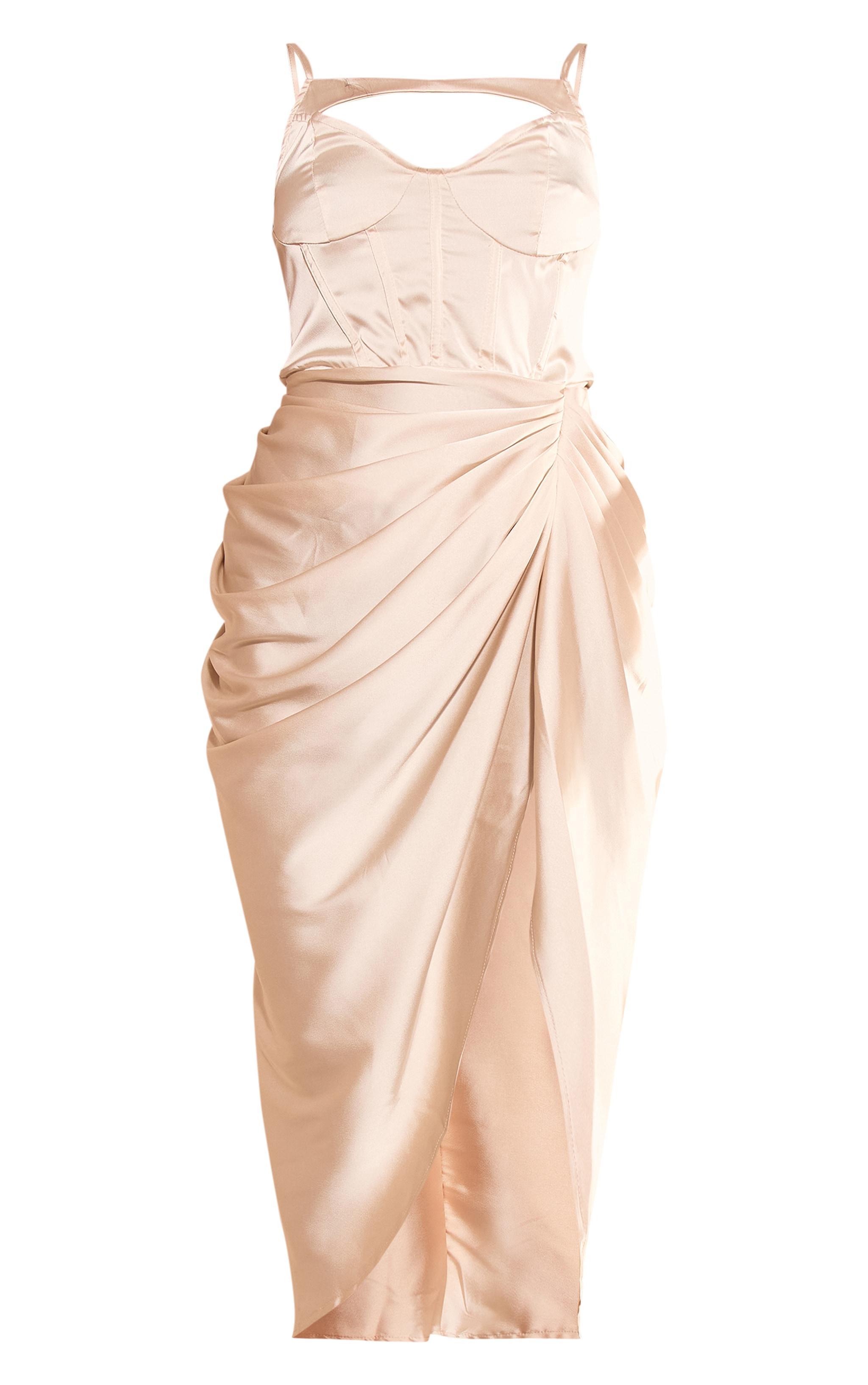 Champagne Satin Corset Detail Midi Dress Product Image