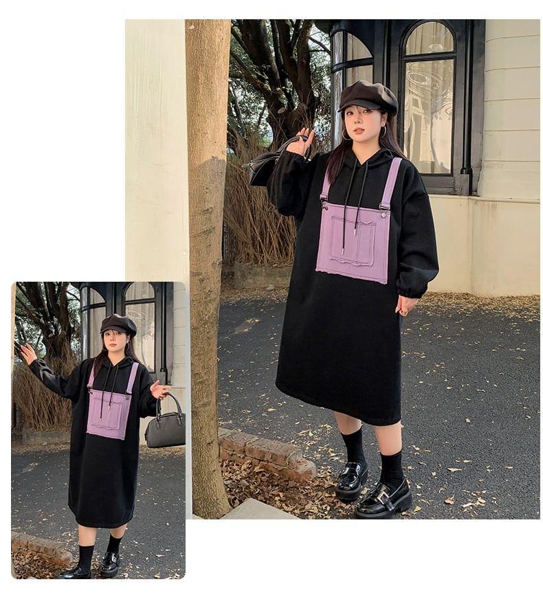 Plus Size Long-Sleeve Mock Two Piece Midi Hoodie Dress Product Image