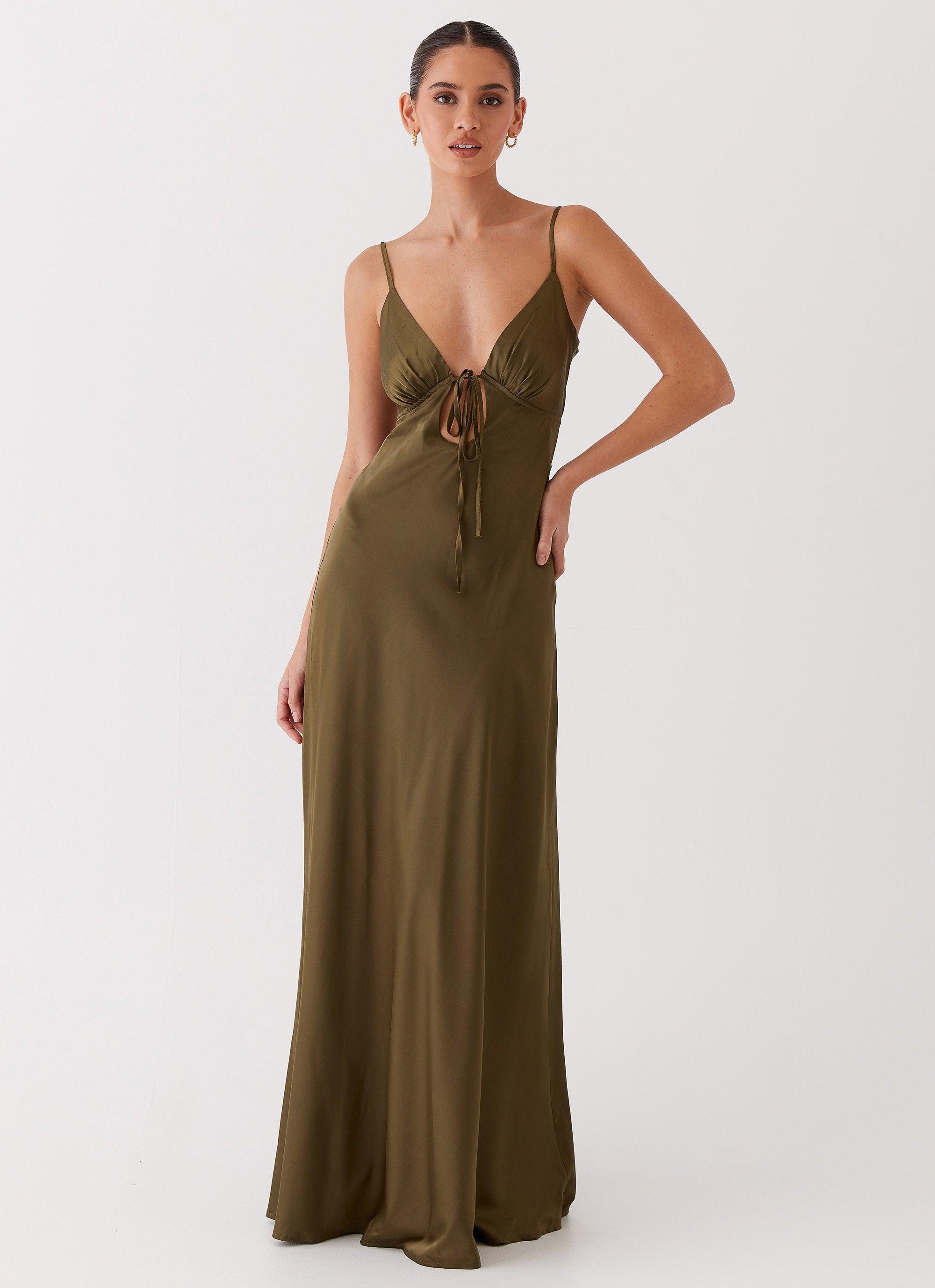 Flora Satin Maxi Dress - Khaki Product Image