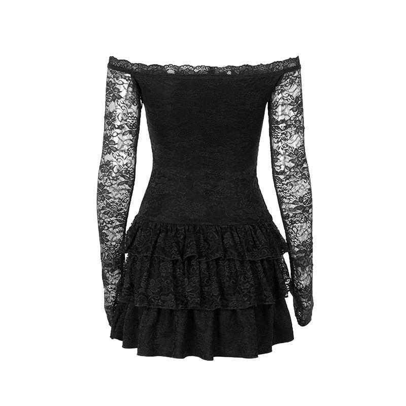 Long Sleeve Off-Shoulder Plain Lace Slim-Fit Layered Mini Dress Product Image