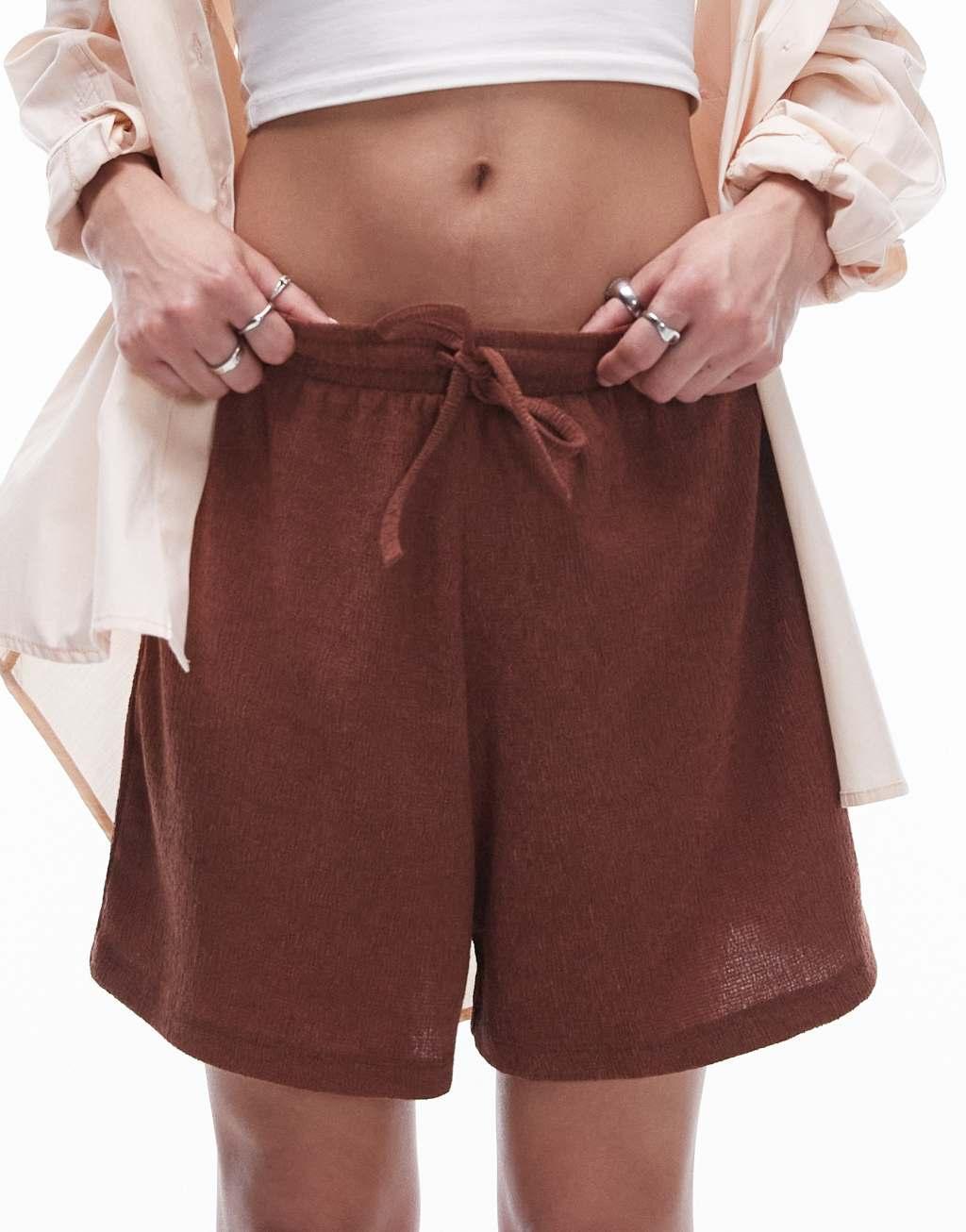 Topshop casual crinkle drawstring shorts in rust Product Image