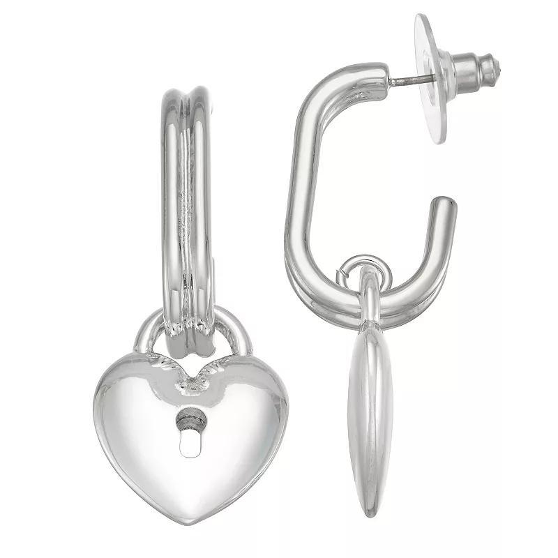 Simply Vera Vera Wang Puffy C Hoop Heart Drop Earrings, Womens, Silver Tone Product Image