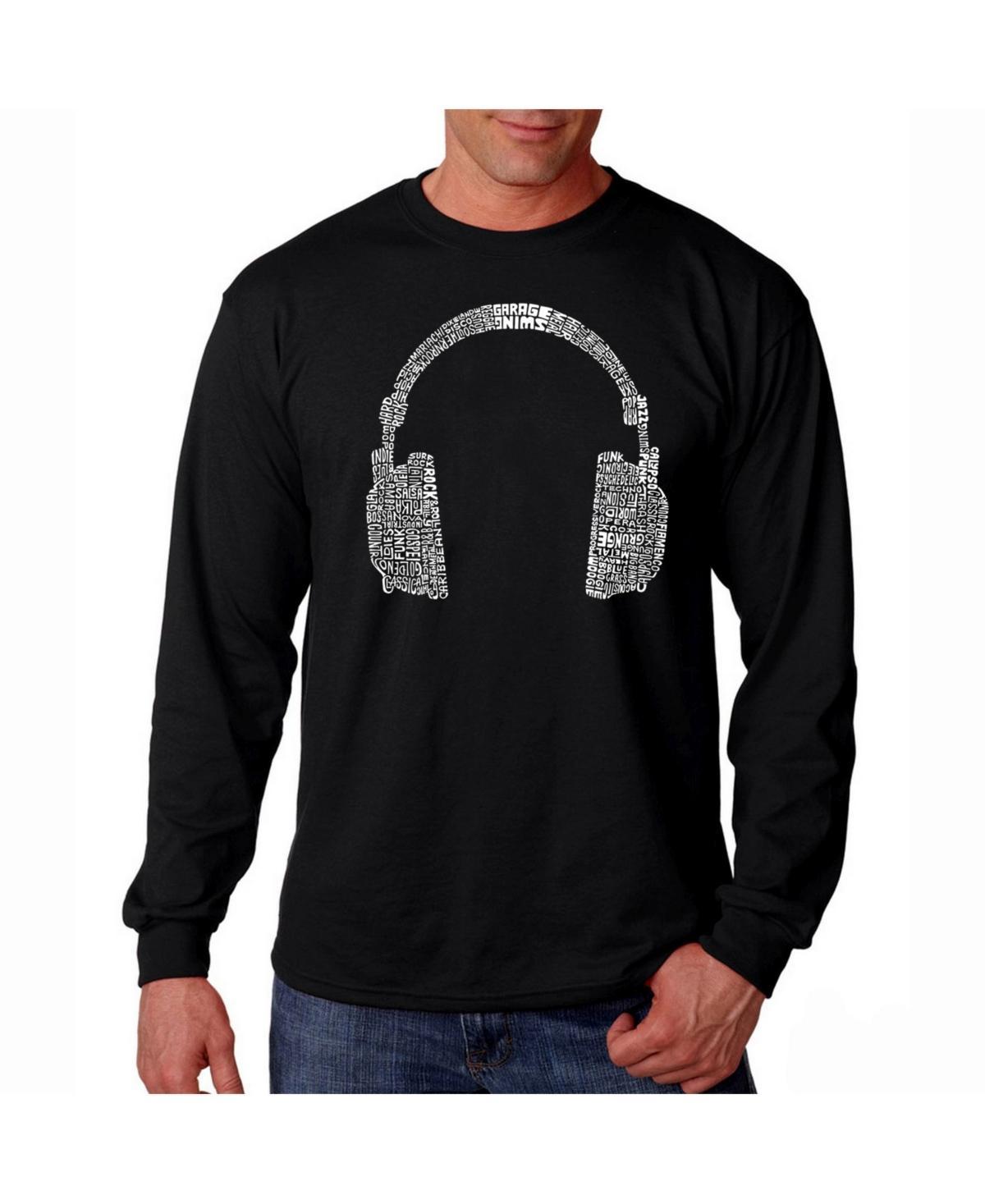 La Pop Art Mens Word Art Long Sleeve T-Shirt- Headphones - 63 Genres of Music Product Image