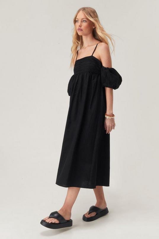 Petite Linen Mix Strappy Puff Sleeve Midi Dress Product Image