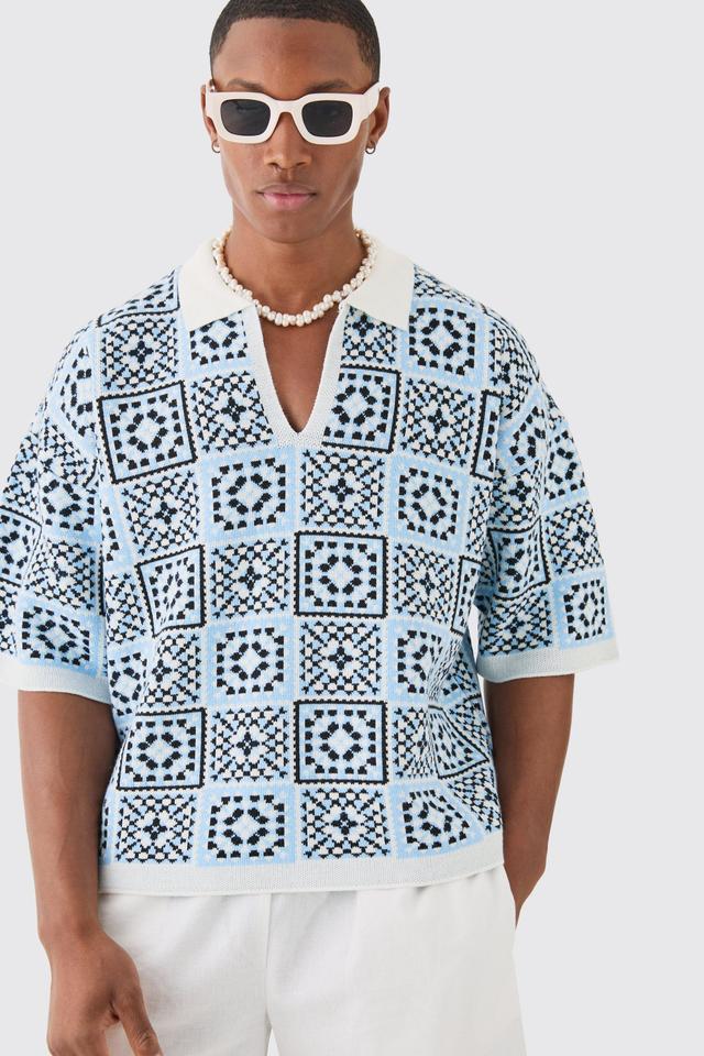 Oversized Boxy Crochet Knitted Polo | boohooMAN USA Product Image