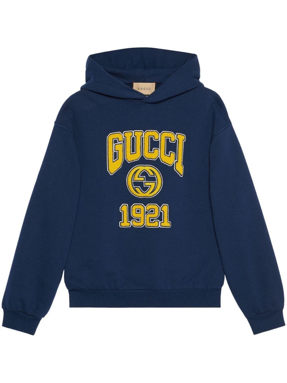 GUCCI Logo-embroidered Cotton Hoodie In Blue Product Image