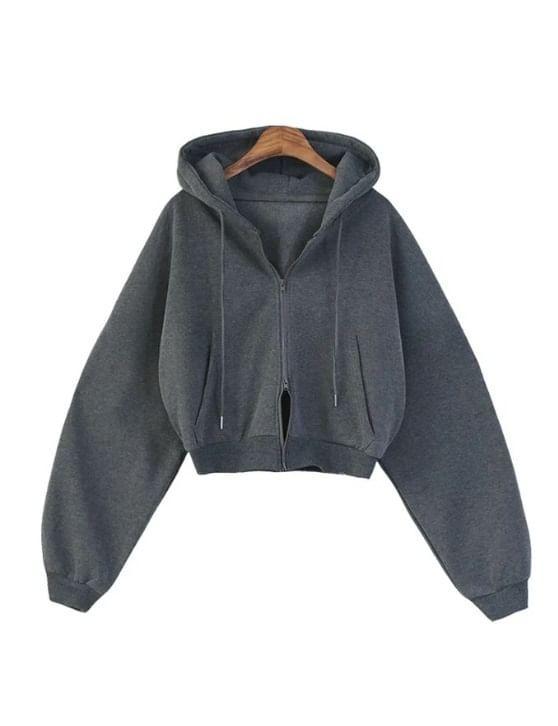 Long Sleeve Plain Hooded Zip-Up Jacket Product Image