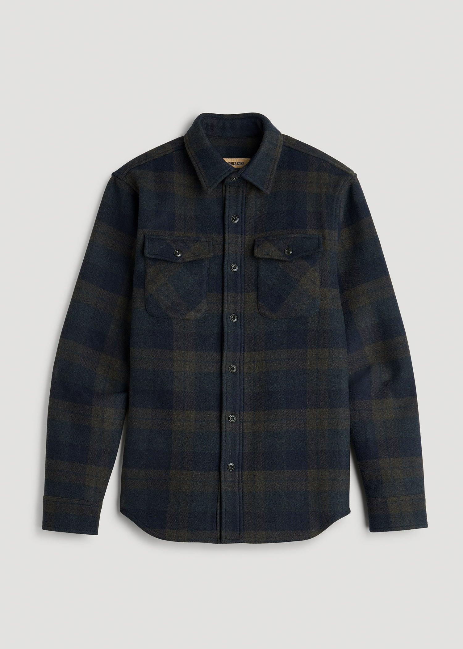 LJ&S Wool Blend Tall Men's Shirt Jacket in Green and Navy Plaid Male Product Image