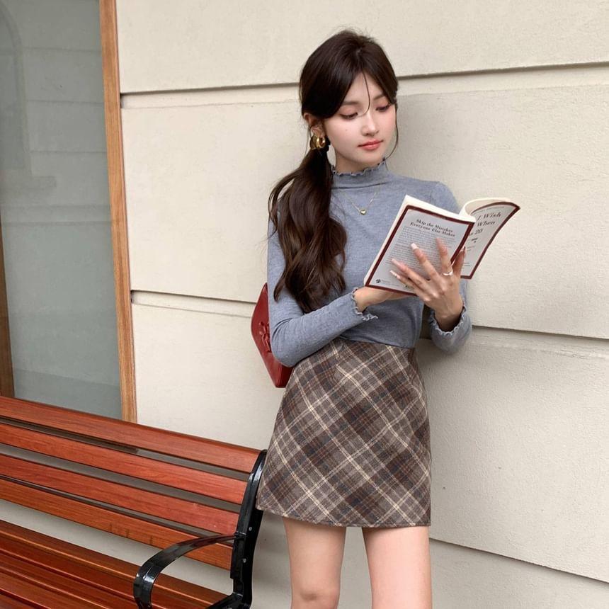 High Rise Plaid Mini Skirt Product Image