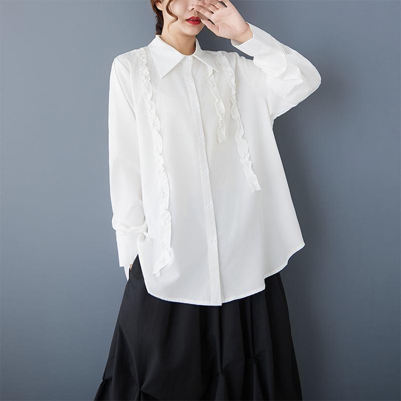 Long-Sleeve Plain Frill Trim Button-Up Shirt Product Image