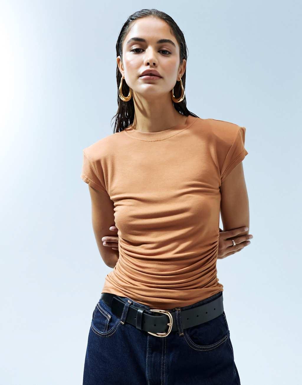 ASOS DESIGN slinky ruched side top in ginger Product Image