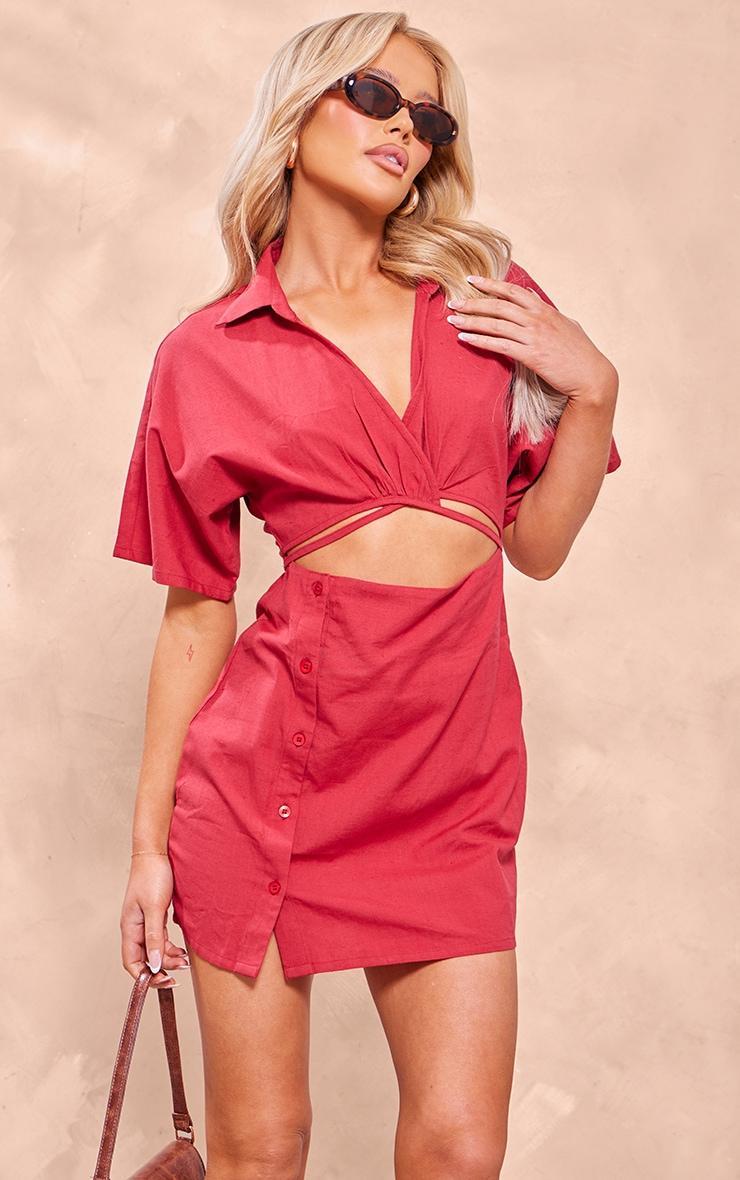 Red Linen Look Cut Out Waist Button Skirt Shirt Dress Product Image