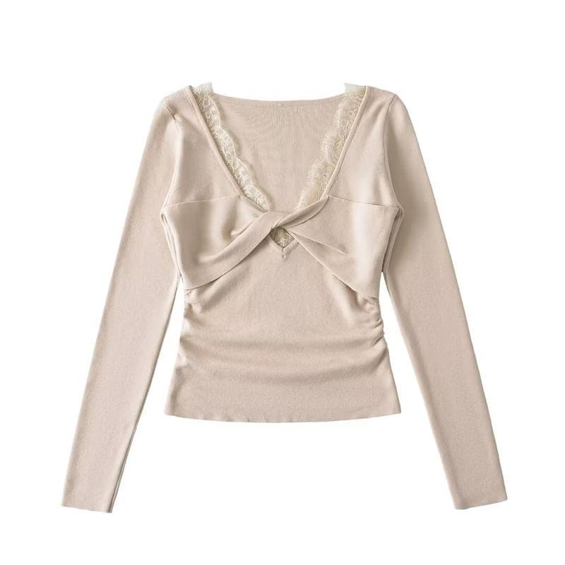 Long Sleeve V-Neck Lace Trim Twist Crop Top Product Image