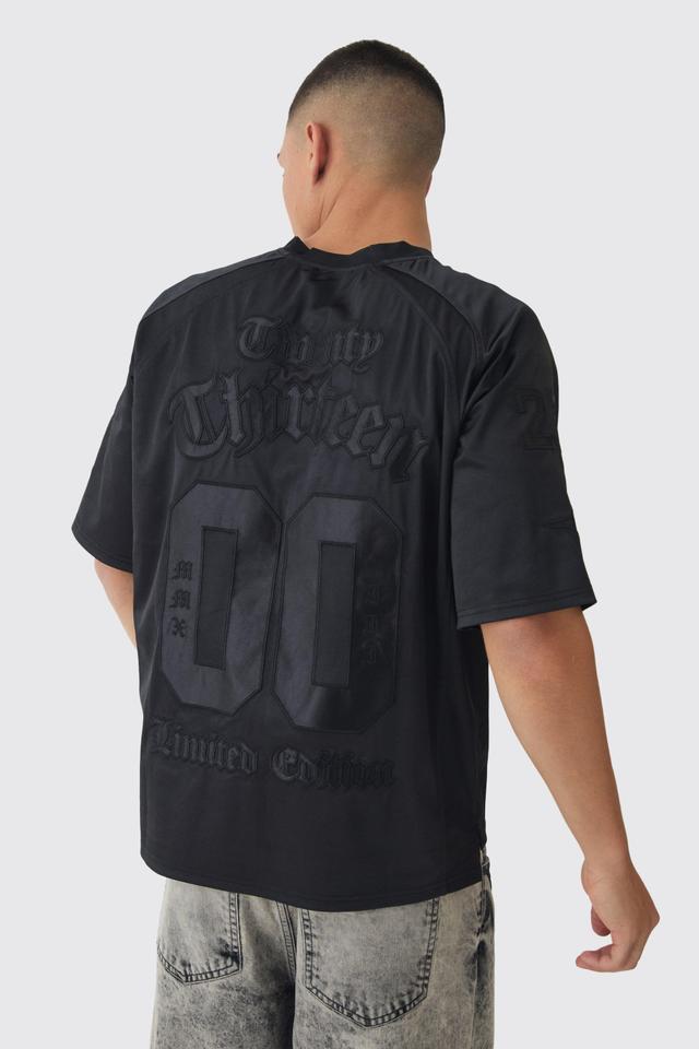 Oversized Satin And Denim Applique Varsity Tees | boohooMAN USA Product Image