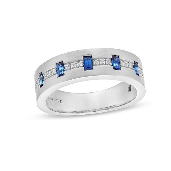 Vera Wang Love Collection Men's Baguette Blue Sapphire and 1/8 CT. T.w. Diamond Band in 14K White Gold Product Image