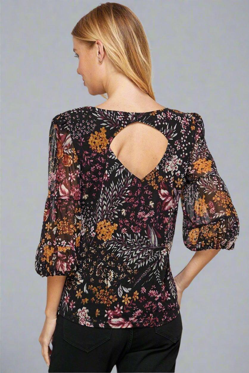 3/4 Length Bubble Sleeve Cutout Back Blouse Product Image