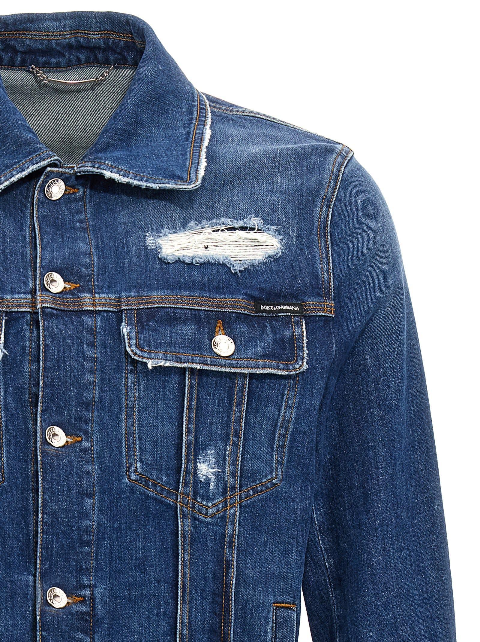 Distressed Stretch Cotton Denim Jacket In Blue Product Image