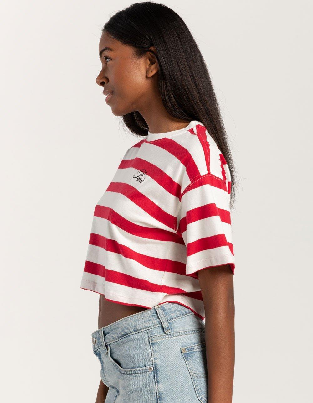 FULL TILT Stripe Paris Embroidered Womens Crop Tee Product Image