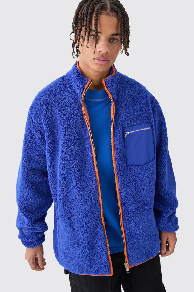 Oversized Contrast Borg Jacket | boohooMAN USA Product Image