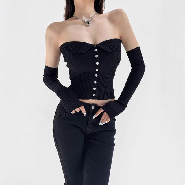 Set: Plain Button Ribbed Knit Tube Top + Arm Sleeves Product Image