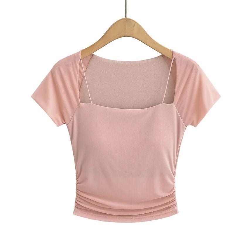 Short-Sleeve Square Neck Plain Ruched Panel Mesh Crop Top Product Image