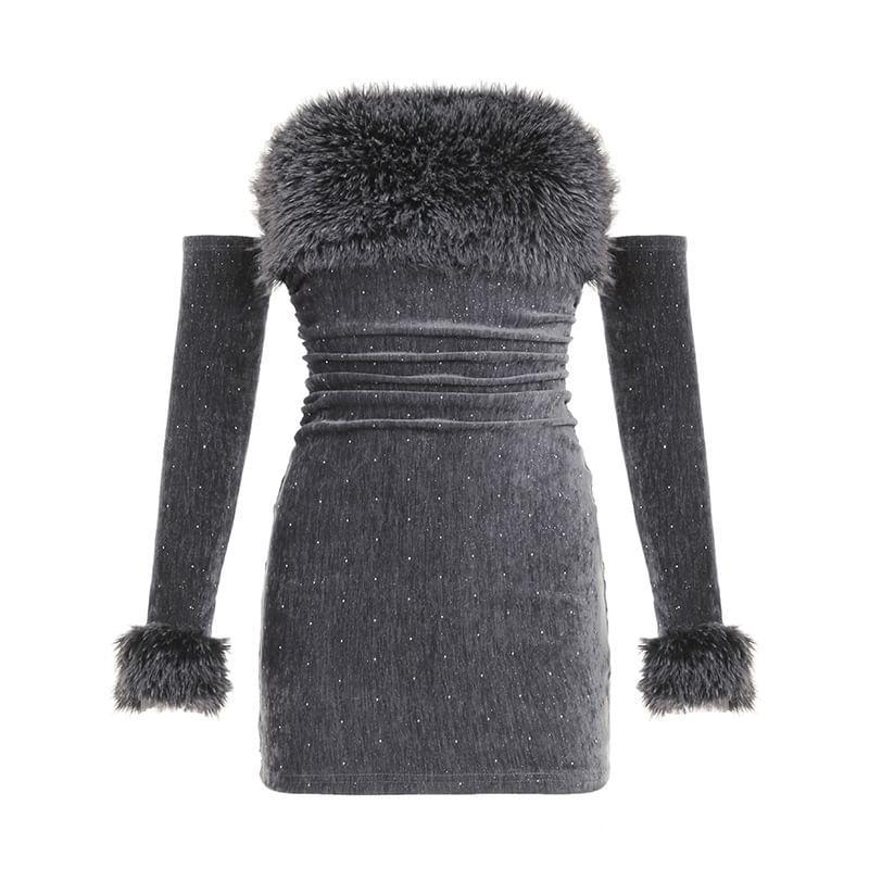 Set: Strapless Furry Panel Mini Bodycon Dress + Arm Sleeves Product Image