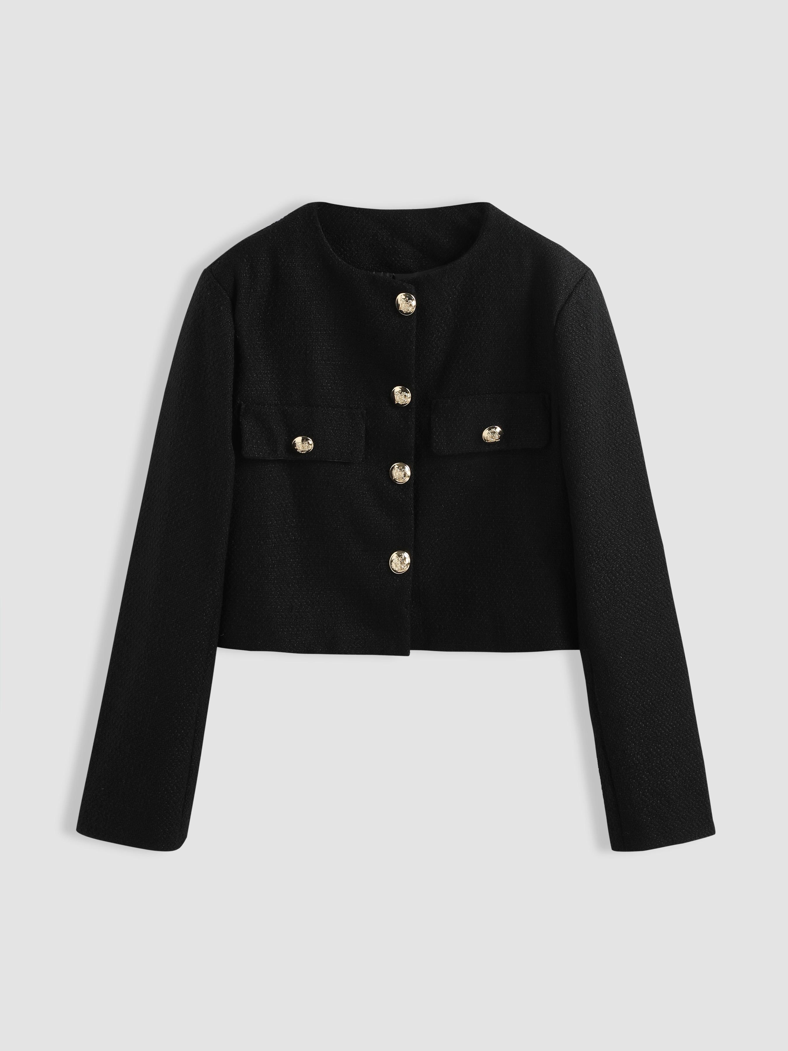 Tweed Button Crew Neck Crop Jacket Product Image